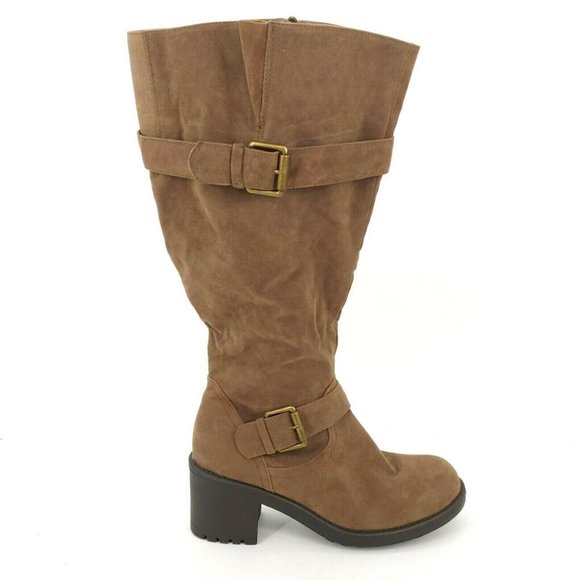 Lane Bryant Womens Dark Taupe Faux Suede Knee High Boots Zipper Accent Buckle 9W - Picture 1 of 12